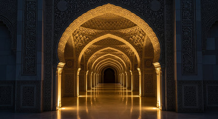 3D rendering of a corridor in a mosque illuminated with yellow lightsの素材