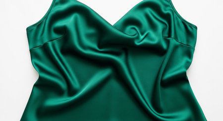 Closeup of rippled green silk satin fabric on white backgroundの素材