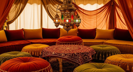 Interior of a luxury hotel room with red and yellow pillowsの素材