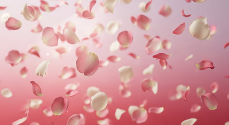 Rose petals fly in the air on a soft pink background.の素材