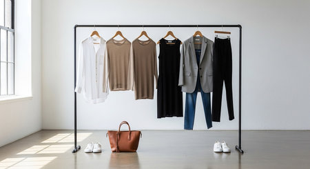 Women's clothing on hangers in a white room, interior designの素材