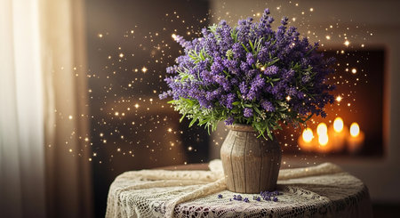 Bouquet of lavender flowers in a vase on a wooden tableの素材