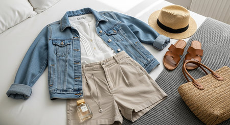 Women's clothes and accessories on a white bed in a hotel roomの素材