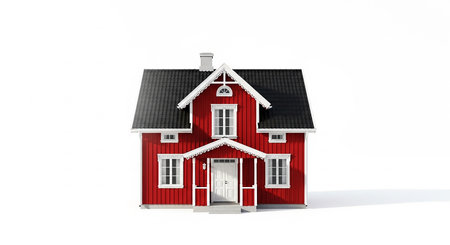 Red house isolated on a white background. 3d render image.の素材