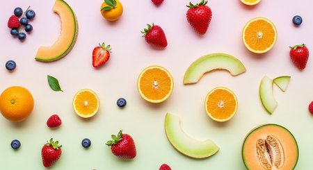 Fresh fruits on pastel background, flat lay, top view.の素材
