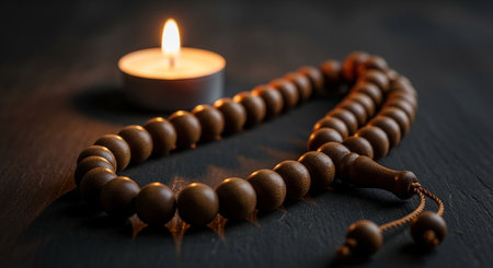 Wooden rosary beads and burning candle on black wooden backgroundの素材