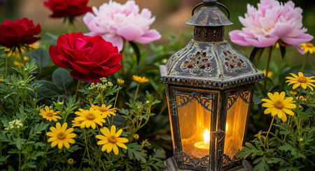 lantern with flowers in the garden, vintage style, selective focusの素材