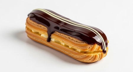 Eclair with chocolate on a white background, close-up.の素材