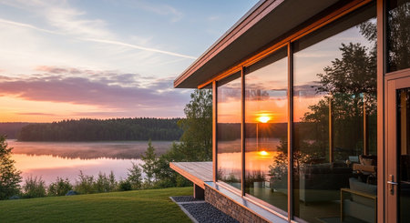 Sunset on a lake in a modern house with a beautiful viewの素材