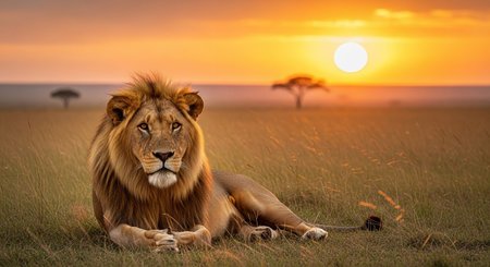 Lion with sunset in Masai Mara National Park, Kenya, Africaの素材