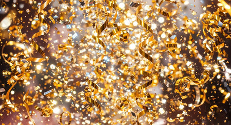 Golden confetti on bokeh background. Festive decoration.の素材