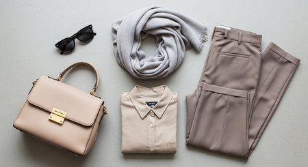 Women's clothes and accessories on a gray background. Top view.の素材