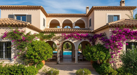 Exterior view of a house with arches and flowers, Spainの素材