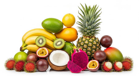Fruits isolated on a white background. Rambutan, kiwi, mango, pineapple, dragon fruit, papaya, mangosteenの素材