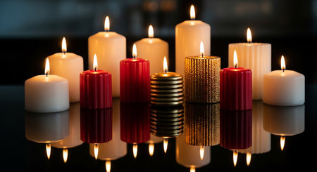 Burning candles with reflection on black glass surface, shallow depth of fieldの素材