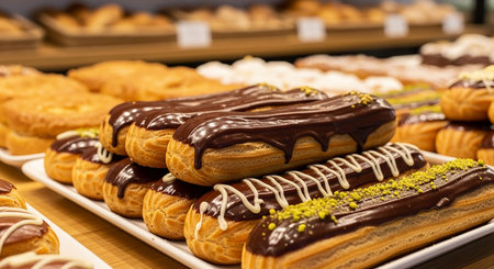 Assortment of eclairs with chocolate icing on display in a bakeryの素材