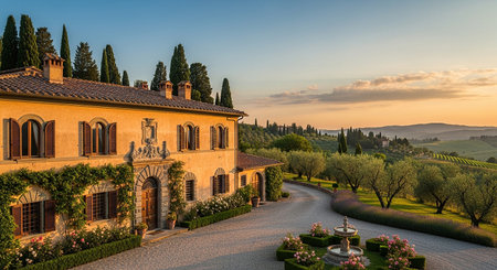 Tuscany, Italy. Beautiful villa at sunset. Tuscany, Italyの素材