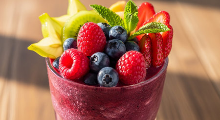 Healthy berry smoothie in a glass with fresh berries.の素材