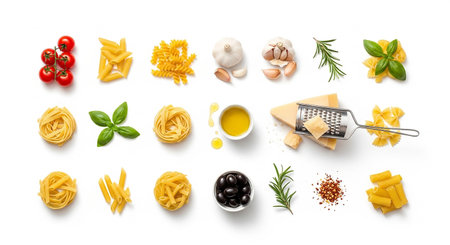 Different types of pasta and ingredients on white background, top view.の素材