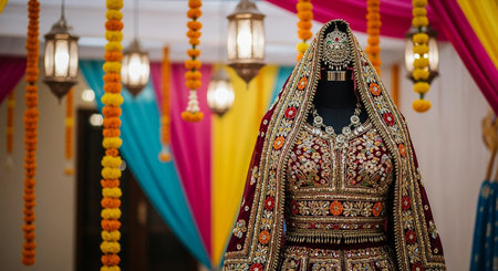 Traditional indian wedding dress and accessories for the bride and groom.の素材