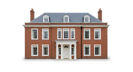 Front view of a typical British house isolated on a white background.の素材