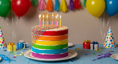 Birthday cake with candles and gifts on a blue tablecloth.の素材