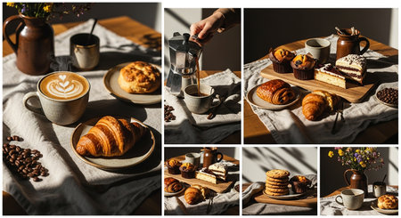 Collage of different types of coffee with croissants on tableの素材