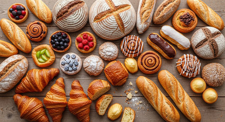 Different types of bakery products on a wooden background. Top view.の素材