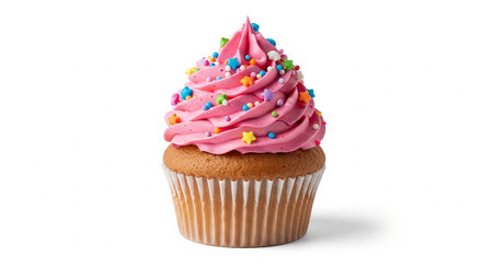 Cupcake with pink cream and colorful sprinkles isolated on white backgroundの素材