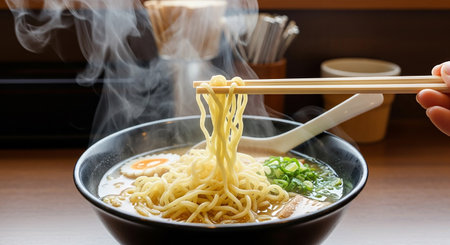 Japanese ramen noodle soup with chopsticks, close-upの素材