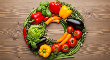 Fresh vegetables on wooden background. Healthy food concept. Top view.の素材