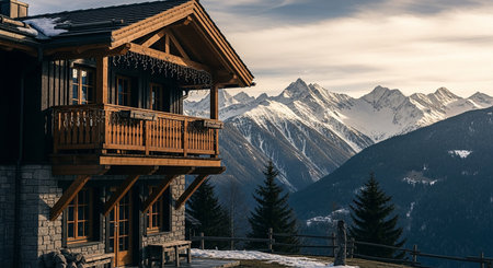 Wooden house on the top of the mountain with a view on the Alpsの素材