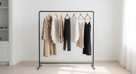 Wardrobe rack with different clothes on hangers in modern dressing roomの素材