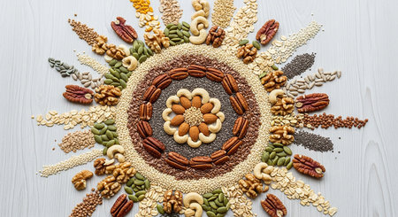 Healthy food and nutrition concept. Assortment of nuts, seeds and grains on white wooden background.の素材