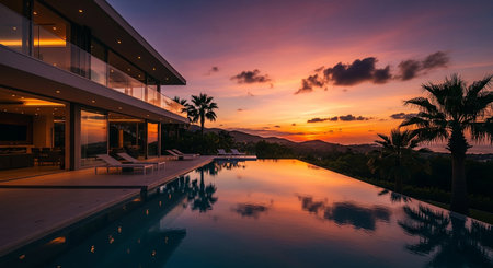 Luxury villa with swimming pool at sunset - Vintage filterの素材