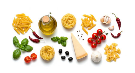 Different types of pasta with vegetables and spices on white background, top viewの素材