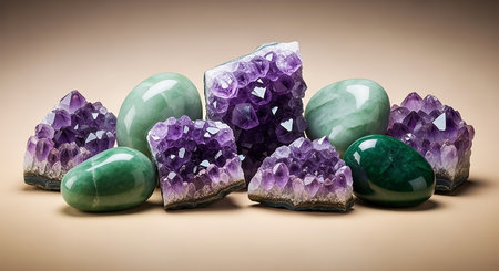 amethyst crystals on a beige background, closeup of photoの素材