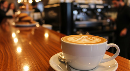 Coffee cup on the wooden table in coffee shop blur backgroundの素材