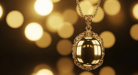 Golden pendant hanging on golden bokeh background. 3D renderingの素材