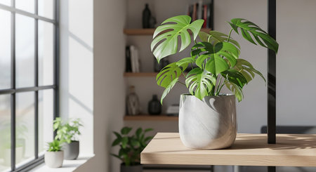 Monstera plant in a white pot on a wooden shelf near the window. 3d renderingの素材