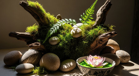 Spa still life with a lotus flower, pebbles and mossの素材