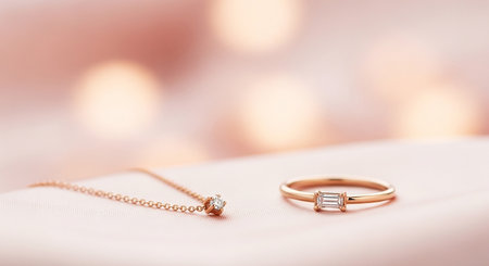 wedding rings on a pink satin background with bokehの素材