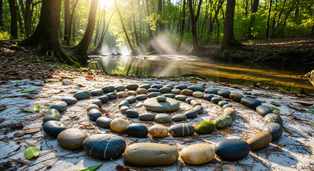 Stones circle in the forest with sunbeams and lens flareの素材