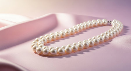 Pearl necklace on a pink satin background. Soft focus.の素材