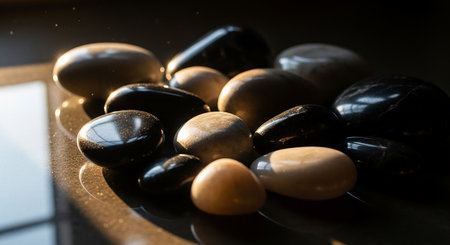 Black and white pebble stones on black background with copy spaceの素材