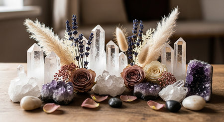 Candle holder with dried flowers and stones on wooden table in roomの素材