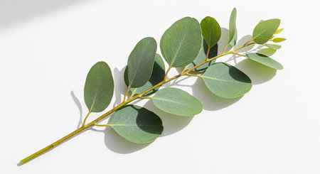 Eucalyptus branch on white background. Flat lay, top view.の素材