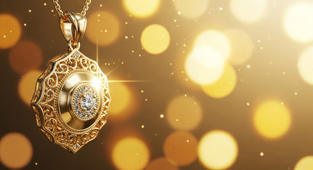 Jewelry pendant on golden bokeh background. 3D renderingの素材