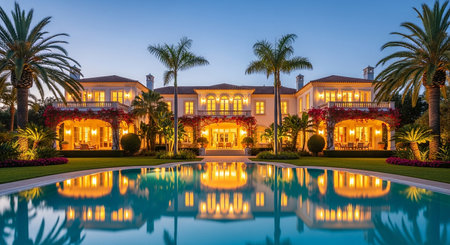 Luxury villa with swimming pool at night in Florida.の素材