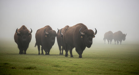 Group of bison in the mist in a meadow in the Netherlandsの素材